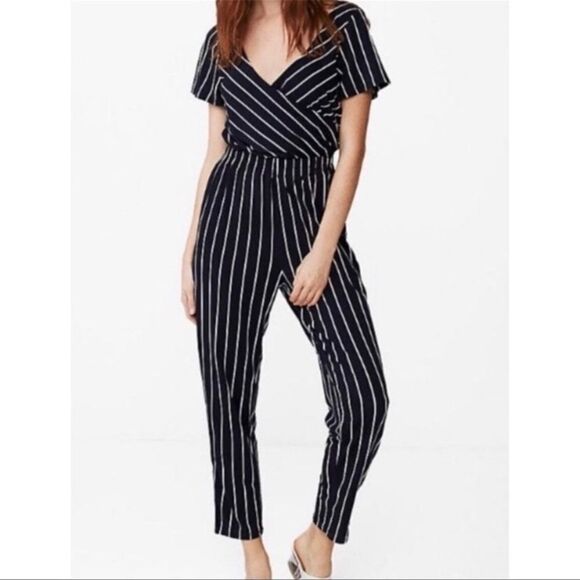 Express Navy Blue & White Stripe Wrap-Front Romper/ Jumpsuit Size XL - Picture 3 of 12